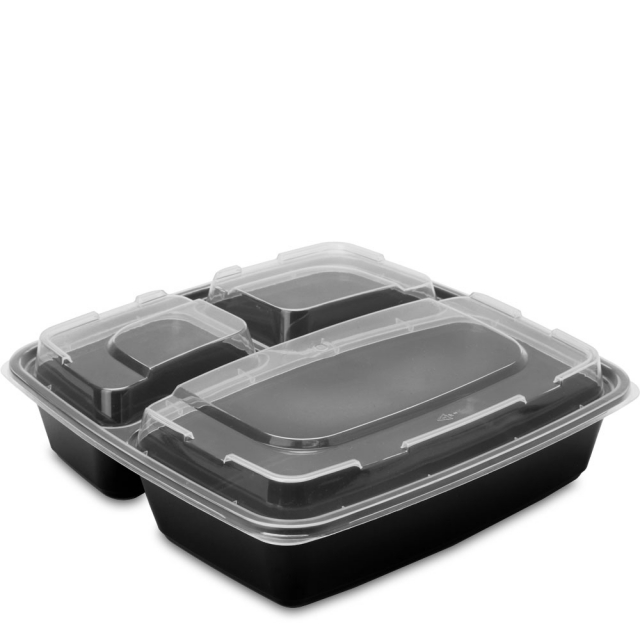 48 oz. Black Three Compartment Plastic Food Container Combo Pack with Divided Lid