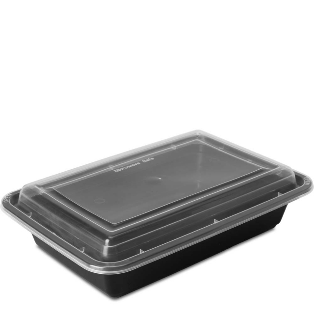 32 oz. Rectangular Plastic Microwaveable Black Bowl with Clear Lid