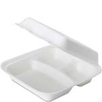 Sturdy Value Three Compartment Sugar Cane Clamshell Hinged Takeout Box - 8 x 8.5 x 2.75 in.