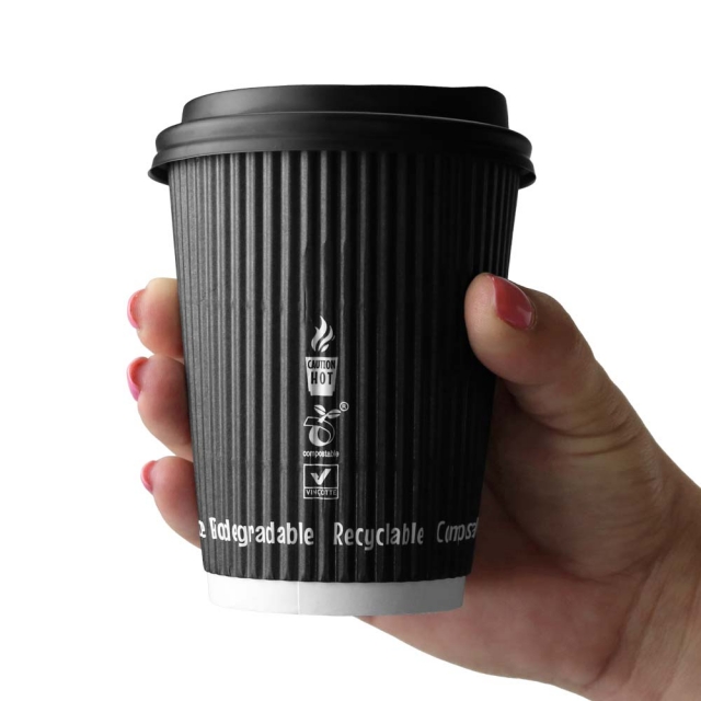 12 oz. Compostable Black Ripple Paper Coffee Cup
