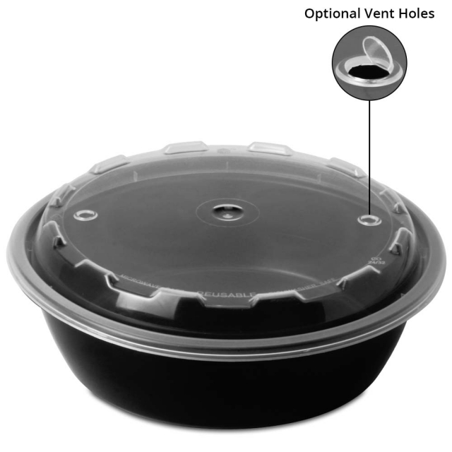 24 oz. Round Plastic Vent-able Food Container - Black Base /  Clear Lid