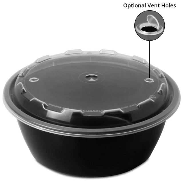 32 oz. Round Plastic Vent-able Food Container - Black Base / Clear Lid