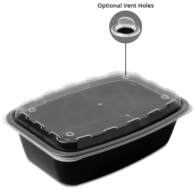 38 oz. Rectangular Plastic Vent-able Food Container - Black Base/Clear Lid