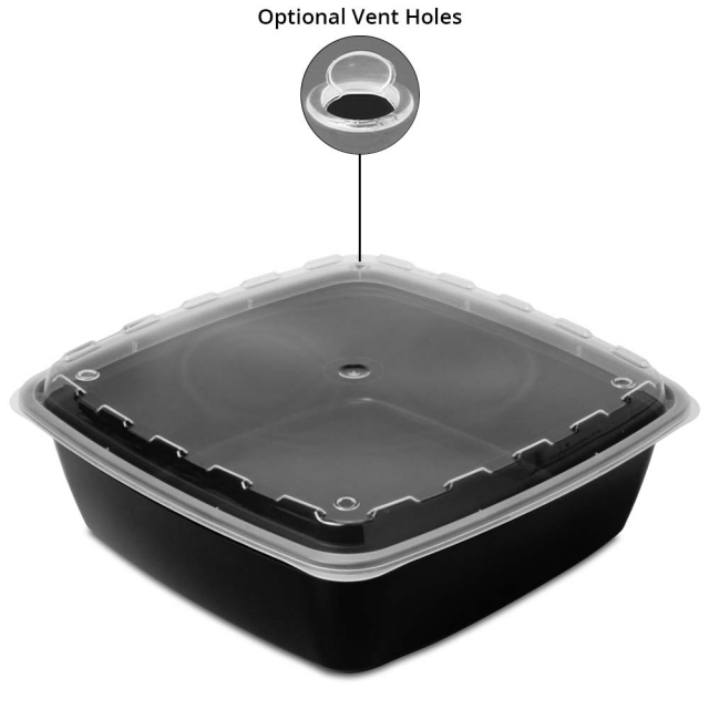 64 oz. Square Plastic Vent-able Food Container - Black Base/Clear Lid