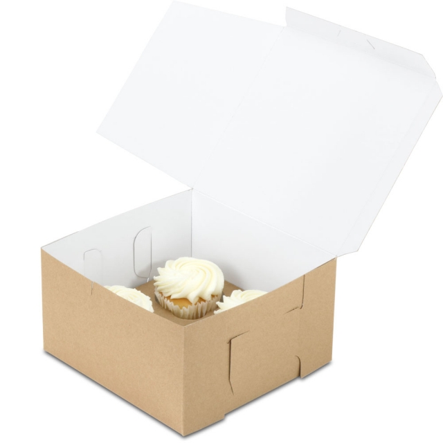 7 x 7 x 4" - Natural Brown Kraft Outside w/ White Inside Cupcake Bakery Boxes