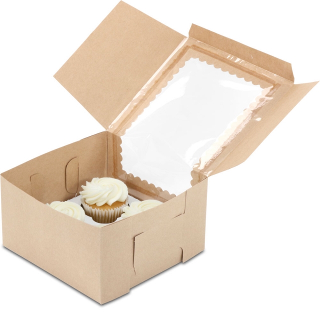 7 x 7 x 4" Recycled Brown Kraft Pastry / Bakery Boxes with Window