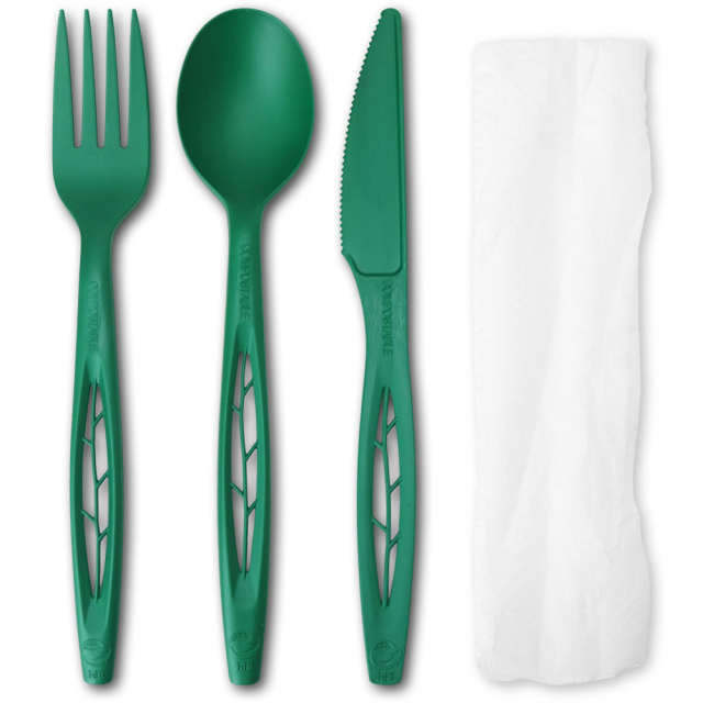 Green Compostable Heavy Weight Cutlery Kits - 6.5" (knife,fork,spoon,napkin)