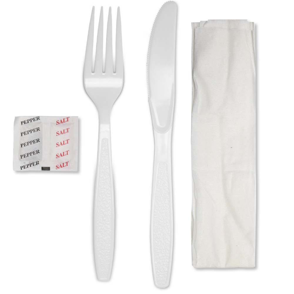 White Poly Wrapped Cutlery Kits 6 7" (Knife, Fork, Salt, Pepper) Cutlery Kits MrTakeOutBags