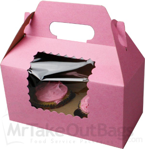 8 X 4 X 4" Gable Style Pink Strawberry Tinted Cupcake Boxes with Window