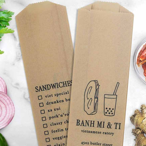 a custom printed bag showing the front and back surrounded by ingredients